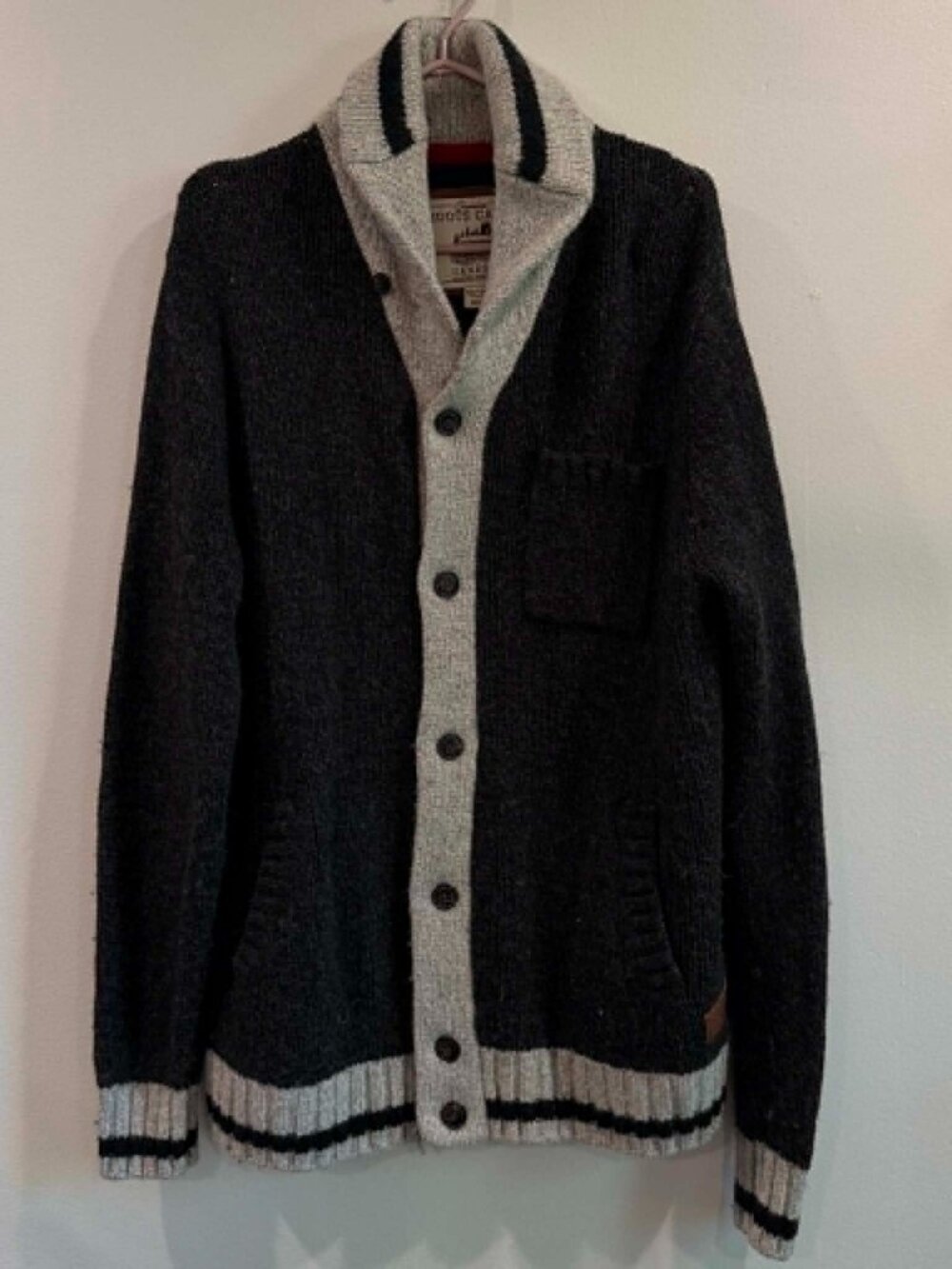 Roots Cabin Wool Cardigan Elbow Patch Fisherman Shawl Sweater Gray Mens XXL
